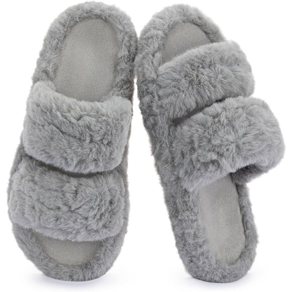 Women’s Gray Pluffie Arch Memory Foam Cozy Faux Fur Open Toe Slippers Shoes - Picture 1 of 6